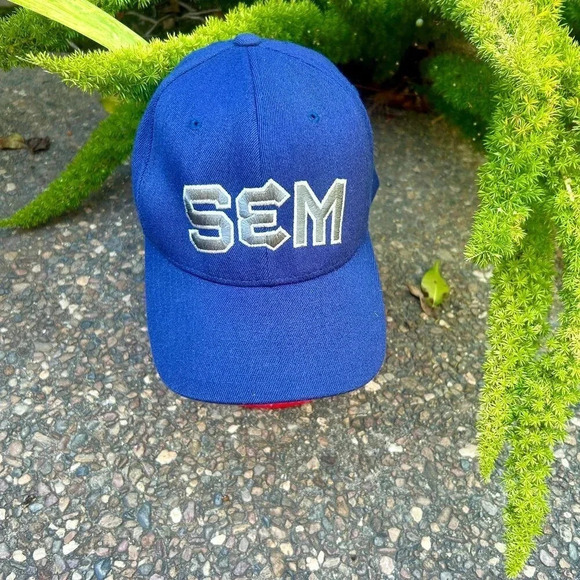Vintage SEM Logo Blue Wool Blend Flexfit Baseball Cap Size L-XL - Picture 1 of 6